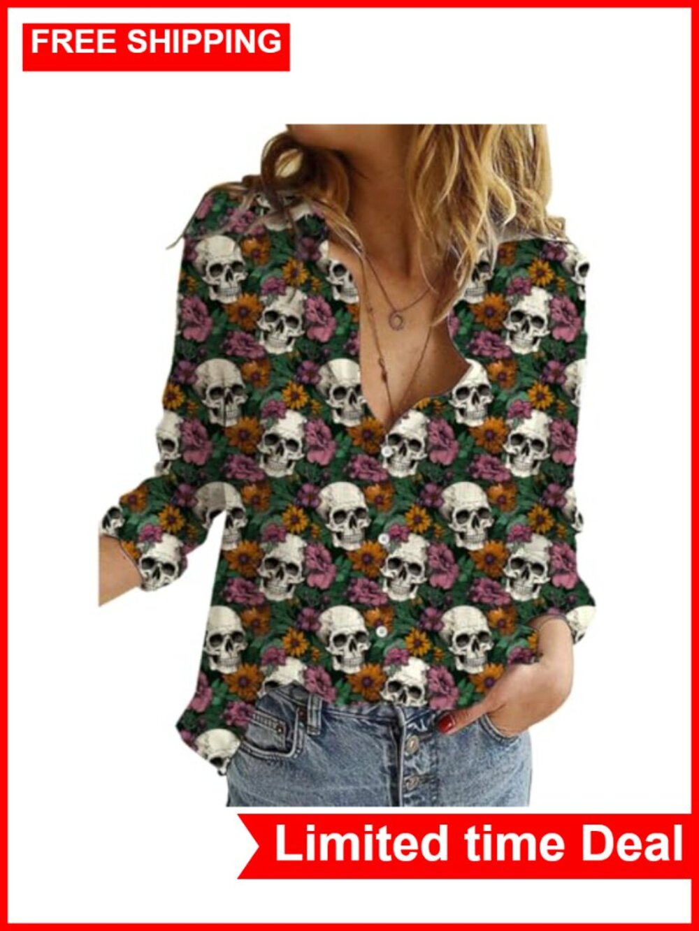 Women's V-Neck Long Sleeve Button Down Shirt Spandex Polyester Blouse for